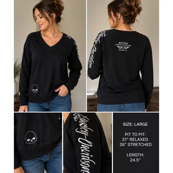 Harley-Davidson Racine WI Black Skull Embroidered V-Neck Pullover Hoodie L - Image 2