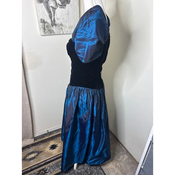 VTG 80s Blossoms by Loralie Dress Velvet Blue Iridescent Taffeta Prom Gown - Image 3