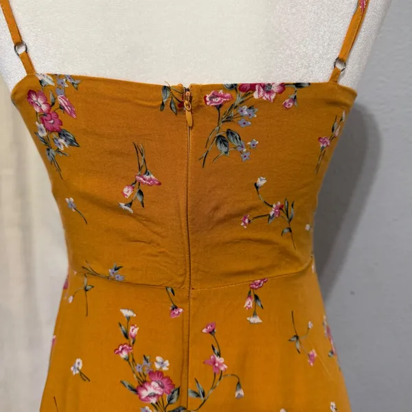 re:named Mustard Yellow Midi Dress Size M Floral Ruffle Sweetheart Keyhole Tie - Image 14