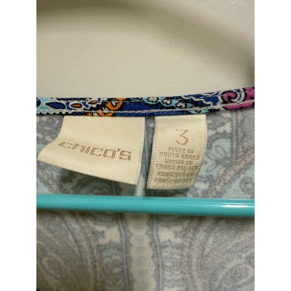 Chico's Paisley Tunic Top Size 3 Blue Purple V-Neck 3/4 Sleeve‎ XL 16 - Image 3