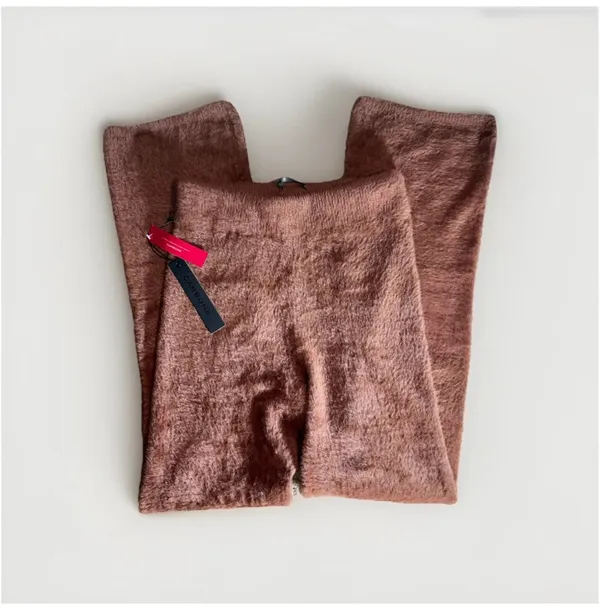 Carbon38 Fuzzy Eyelash Flare Lounge Pants in Cappuccino Brown Small Cozy Knit - Image 6