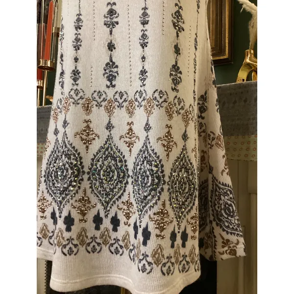 Vocal Womens Sleeveless Knit Rhinestone Damask Tunic Top White Small‎ - Image 2