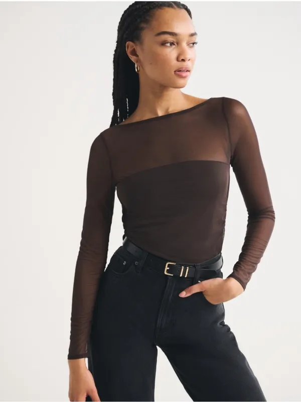 Abercrombie & Fitch Brown Sheer Long-Sleeve Ruched Bodysuit - Image 5