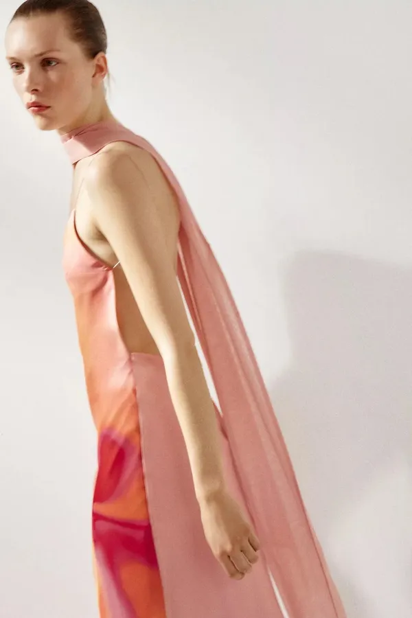 Zara Elegant Pink and Orange Maxi Dress scarf evening party wedding - Image 11