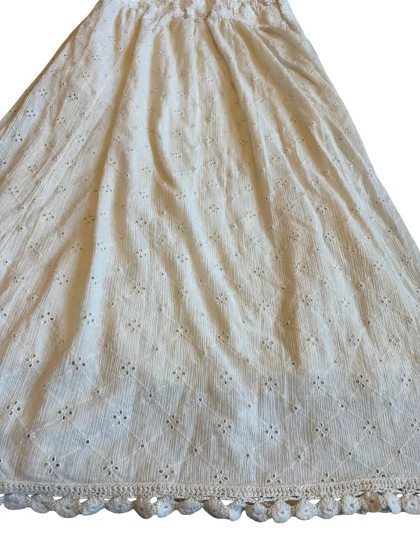 Free People Cream Eyelet Midi Skirt Strapless Dress Crocheted Trim Size Small - Image 11
