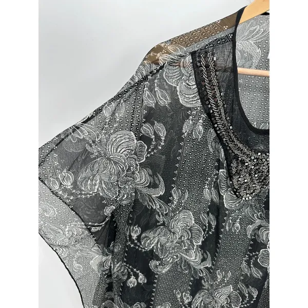 Soft Surroundings Black Cream Sheer Beaded‎ Poncho Swim Cover Up S/M 26733 - Image 4