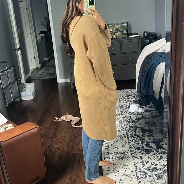 Tan Open Front Knit Long Cardigan - Image 6