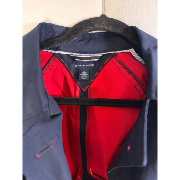 Tommy Hilfiger Navy Blue Double Breasted Trench Coat Red Lining Gold Buttons M - Image 8
