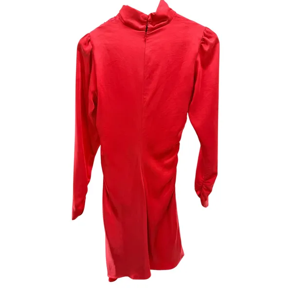 A.L.C. Joss Ruched Satin Mini Dress Red Hibiscus 2 Mock Neck Asymmetric‎ Flawed - Image 7