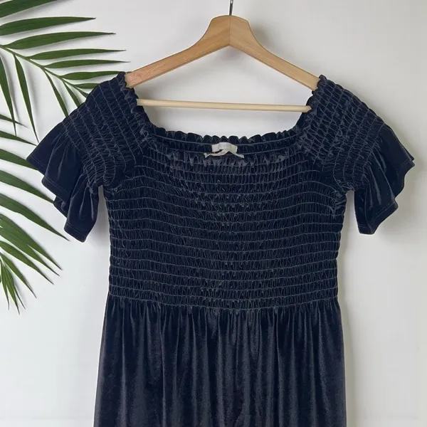 Urban Outfitters Clara Off-The-Shoulder Smocked Velvet Dress in Black - Image 9
