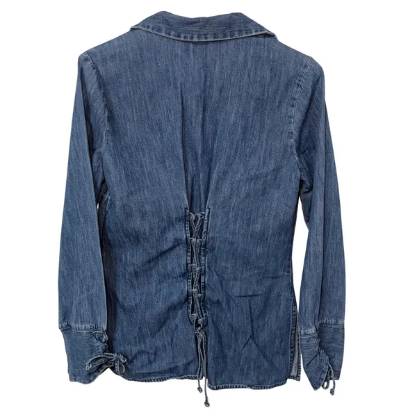 VTG Faded Glory Denim Embroidered Top Womens Small Blue Corset Back Boho Western - Image 4