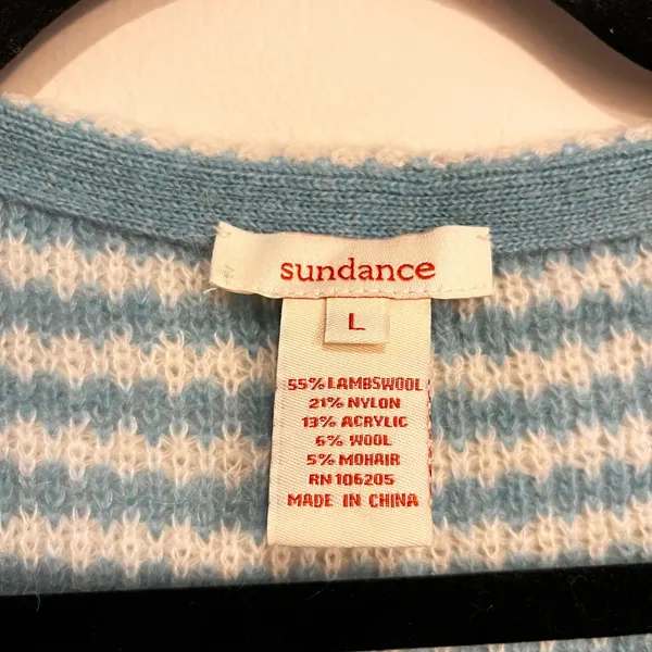 Sundance Sweater White‎ Aqua Stripe Cardigan Lambswool Wool Mohair Blend Large - Image 4