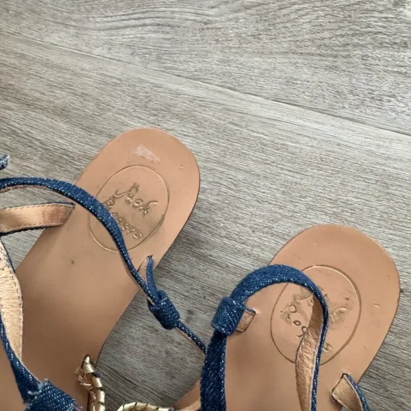 Jack Rogers Elise Denim‎ Gold Wrap Sandals 8M Dark Wash Flats Flip Flops Heeled - Image 5