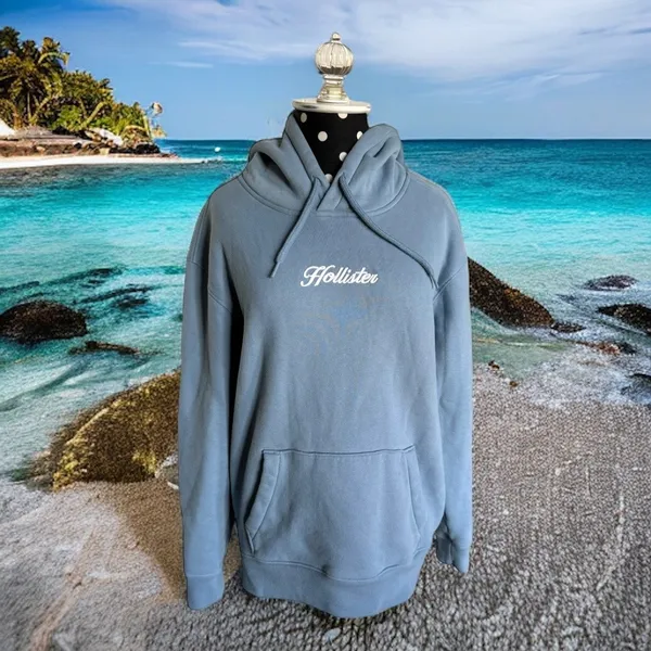 Hollister Womens Hoodie Sz XS Blue Cursive Logo Solid Kangaroo Pocket Drawstring - Image 2