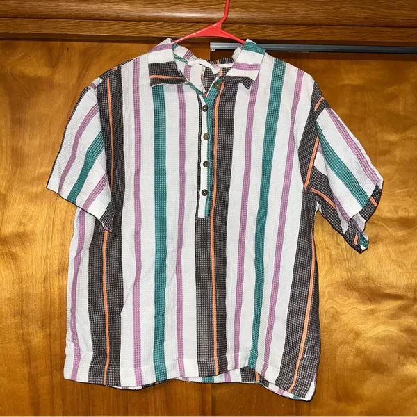 Free People Striped Button Down Shirt in Pink, Green, Brown, White - Image 2