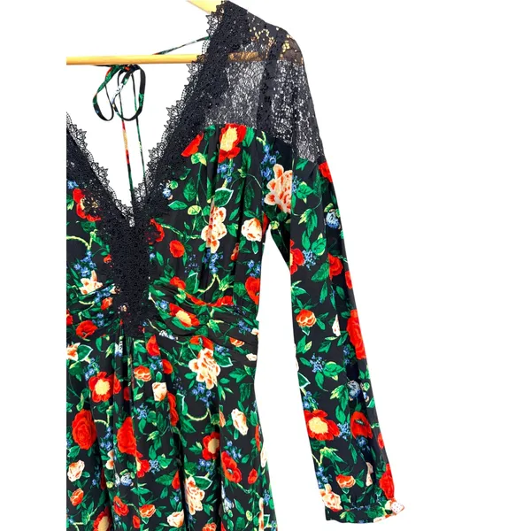 Anthropologie Black Floral Lace Trim V-Neck Long Sleeve Mini Dress 8 Whimsygoth - Image 4