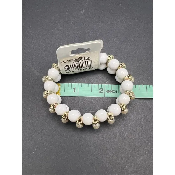 New! Golden Stella White Bead Faux Pearl Rhinestone Stretch Bracelet - Image 6