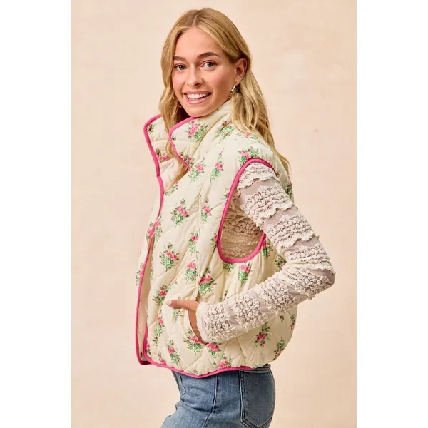 BiBi Floral Print Piping Detail Quilted Vest - Cream/Pink - Medium - Image 2