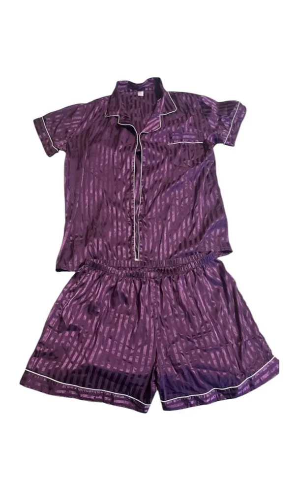 Sweet & Sinful Purple Striped Silk Pajama Top & Shorts Set - Image 2