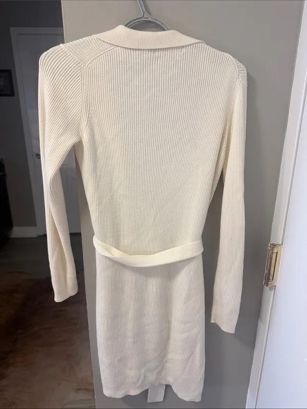Express Cream Ribbed Knit Belted Longline Cardigan - Size Medium - Image 5