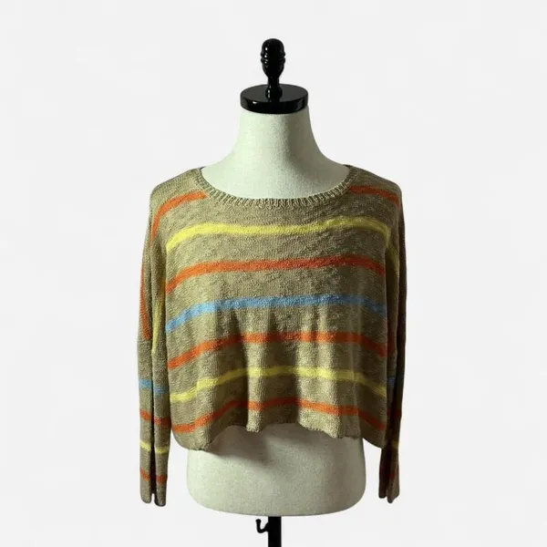 Storia‎ Fisherman Womens Striped Open Knit Cropped Sweater Tan BT1139 Size S - Image 2