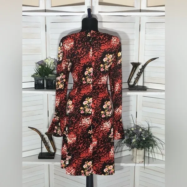 Vintage 70s Floral Dress Red Black flared sleeve boho fairy festival Ren fair M - Image 2