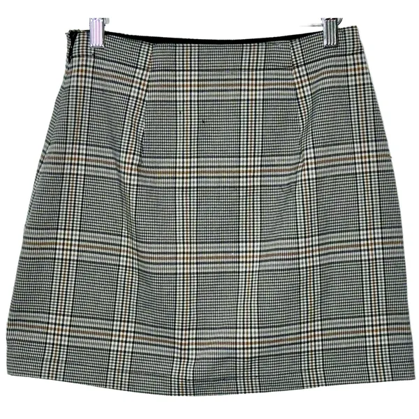 Abercrombie & Fitch White Black Plaid Zip Up Slit A-Line Skirt Mini Skirt Size S - Image 2