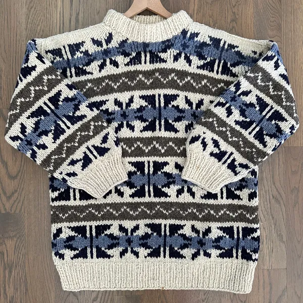 Anthropologie Vintage Heavy Knit 100% Wool Fair Isle Crewneck Sweater Cream, Blue, Brown M - Image 2