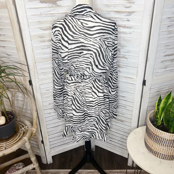 PRINCESS POLLY Women's 10 Marty Long Sleeve Faux Wrap Mini Dress Zebra Belted - Image 5