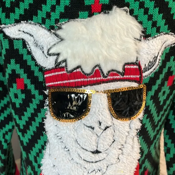 Christmas Jolly Sweater Llama Jingle Bell Green Red Sequins Ugly Oversized - Image 2