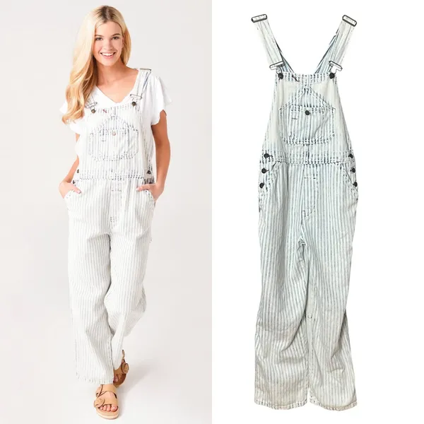 Faherty Overalls Topsail Railroad Stripe Faded Light‎ Wash Blue White Women XS - Image 2