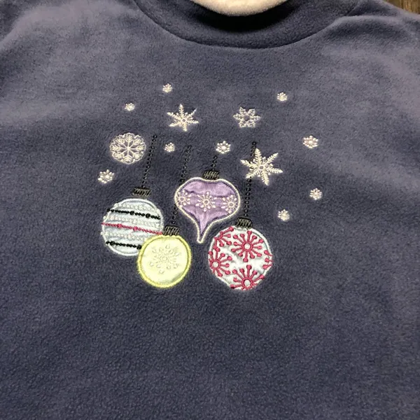 Cozy Blue Christmas Ornament Fleece Sweatshirt Mock Neck Holiday Top Medium - Image 4