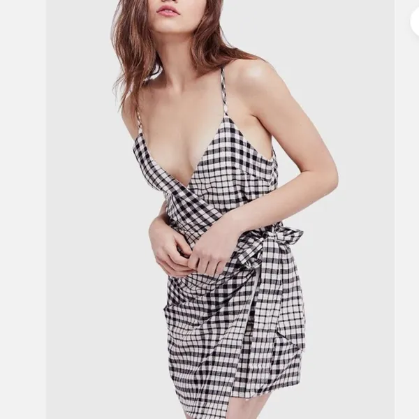 Free People Womens Size 0 Nodia Gingham Check Wrap Mini Dress Black White Cotton - Image 2