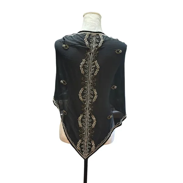 Black Embroidered Sheer Scarf Evening Wrap Shawl Gold & White Beaded Detailing - Image 6