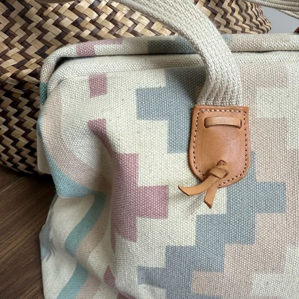 Vintage 90s Southwestern Pattern Canvas Satchel Clamshell Small Tote Mauve Teal - Image 3