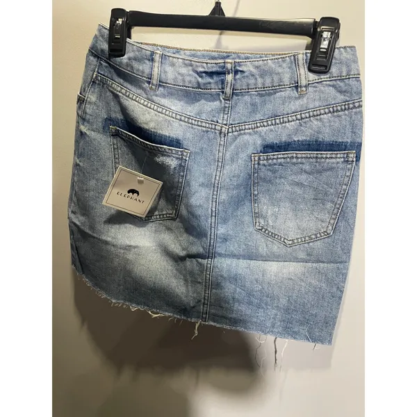 Puella Denim Light Wash M Asymmetric Crossover Waist Raw‎ Hem Mini Skirt NWT - Image 3