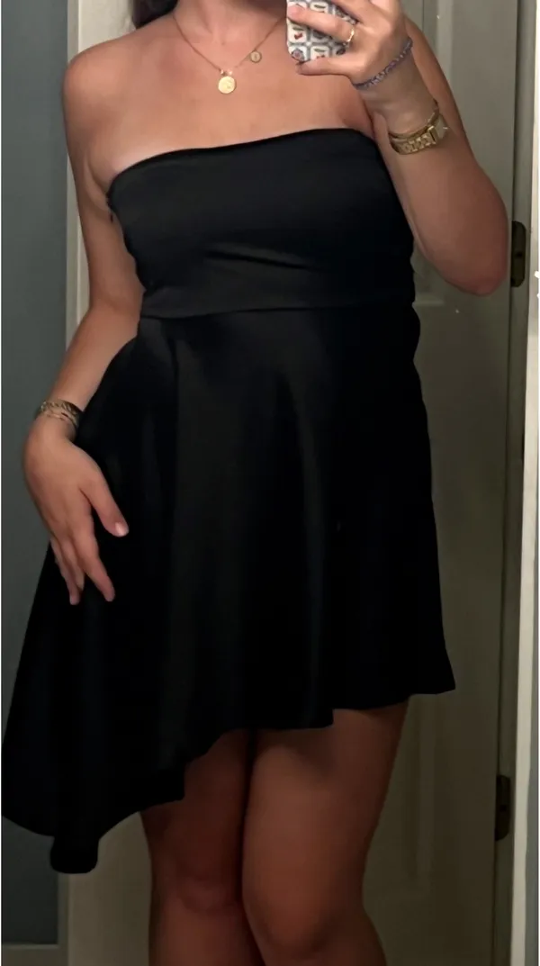 ZARA Asymmetrical Strapless Satin Effect Black Mini Dress - Image 3