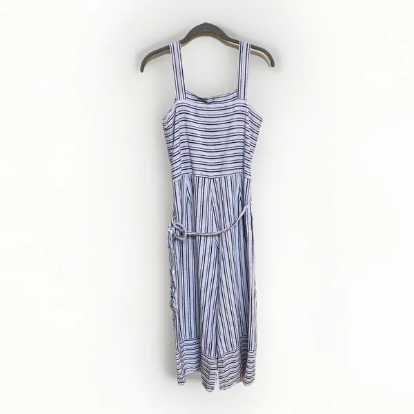 Beach Lunch Lounge Blue White Stripe Linen Blend Cropped Jumpsuit S‎ - Image 4