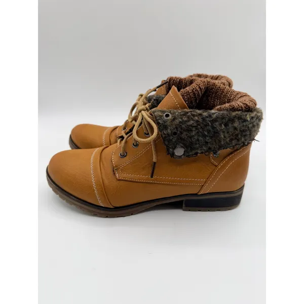 Refresh Wynne-01 Combat Boots Faux Fur Knit Cuff Lace Up Women's 8.5 Tan Winter - Image 3