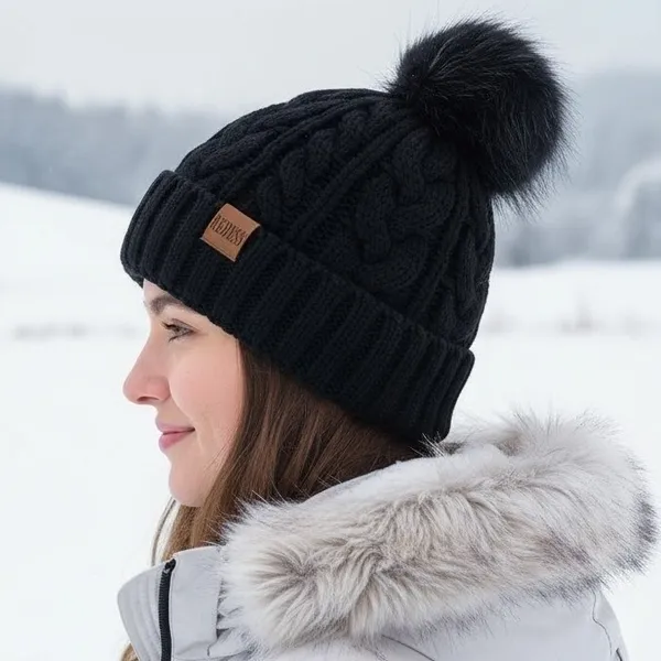 Winter Cozy Warm‎ Pom Pom Black Beanie Hat Cable Knit Fleece Lined Ski NWT - Image 2