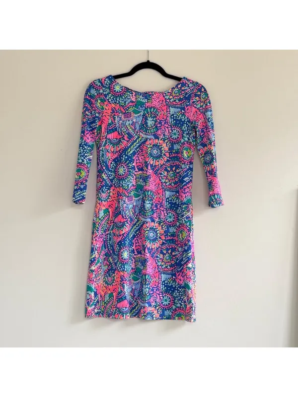 Lilly Pulitzer Style Bright Neon Long Sleeve Shift Dress Blue Pink Tropical XXS - Image 3
