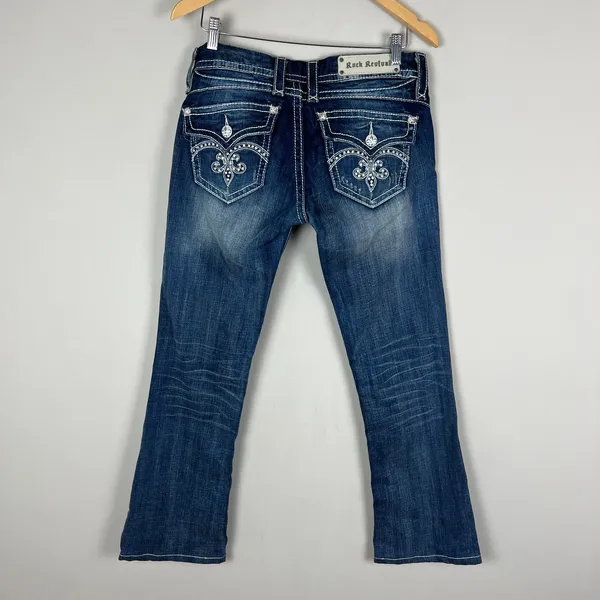 Y2K Rock Revival Sasha‎ Boot Jeans Womens 31 Dark Wash Denim Flap Rhinestones - Image 2