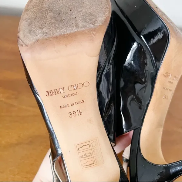 Jimmy Choo • Nova 100 slingback peep toe heels black patent leather stiletto - Image 10