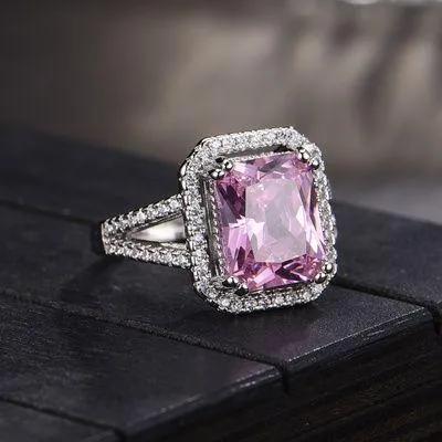 18K White Gold Plated Adjustable Birthstone Gemstone Pink Crystal Ring for Women - Image 3
