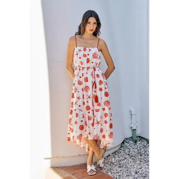 SO ME Shell Print Tiered Lined Midi Cami Dress With Belt‎ - Large - Image 2