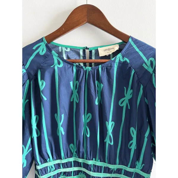 Umgee‎ Navy Blue Green Bow Print Cotton Midi Dress Medium Puff Sleeve - Image 7