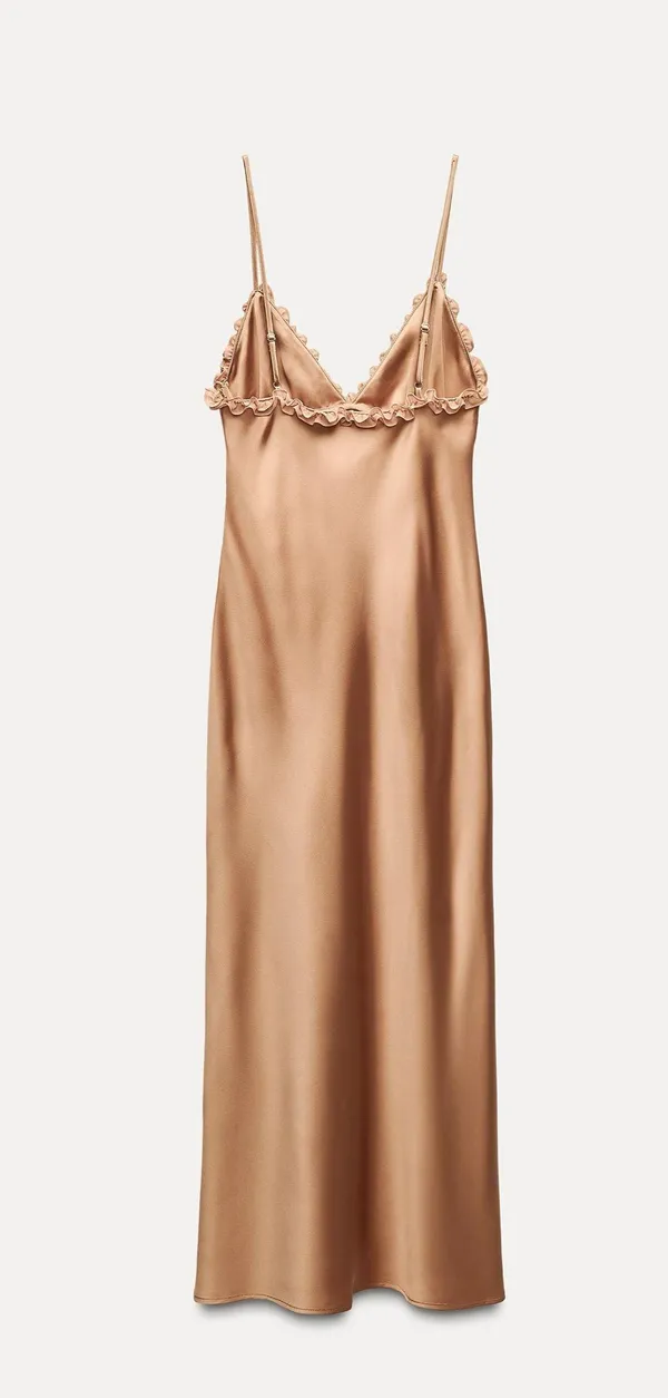 Zara maxi dress bodycon slip satin ruffle carmel evening wedding cocktail - Image 14