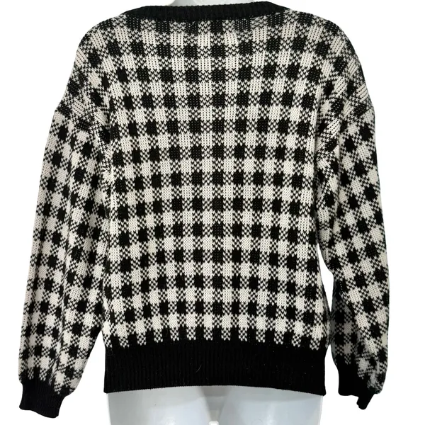 Vintage Black White Check Wide Stitch Rainbow Detail Crew Neck Sweater size S - Image 6