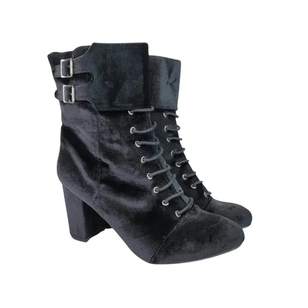 Jiba Velvet Lace Up Ankle Boots Womens 8 Black Goth‎ Victorian Steampunk Buckle - Image 2