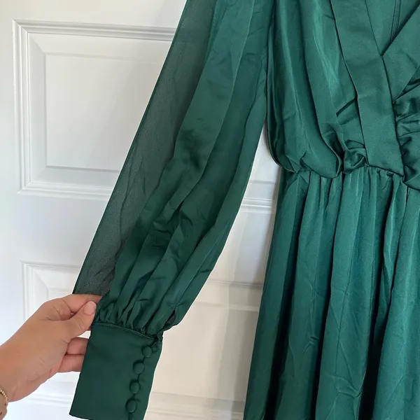 Mac Duggal Deep‎ Emerald Green Split Bishop Sleeve Slit V-Neck Maxi Dress NWT 2 - Image 7